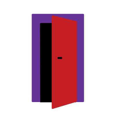 Flat-style illustration of an open door, representing accessibility and inclusivity in mystery games.