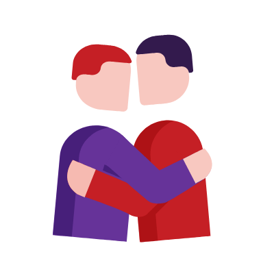 Flat-style illustration of two people embracing, symbolising how mystery games bring people together.