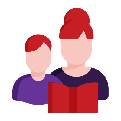 Flat-style illustration of an adult reading to a child, symbolising rich narratives and engaging storytelling in mystery games.