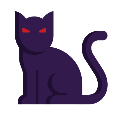 Flat-style illustration of a black cat with glowing eyes, symbolising passion and intrigue at the heart of mystery games.