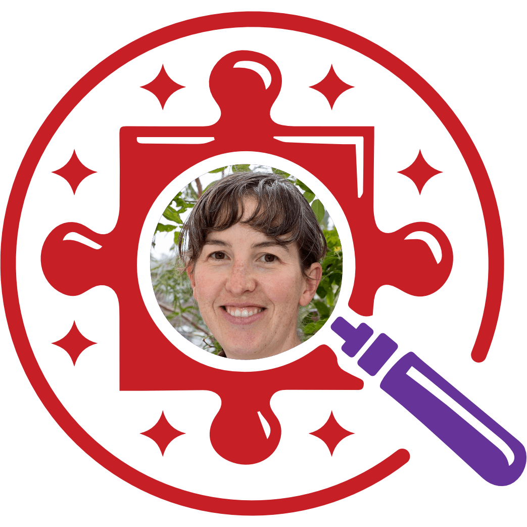 Flat-style illustration of a puzzle piece and magnifying glass framing a portrait of Dr Kelly Wade, founder of Mystery Game, representing the origins of the brand.