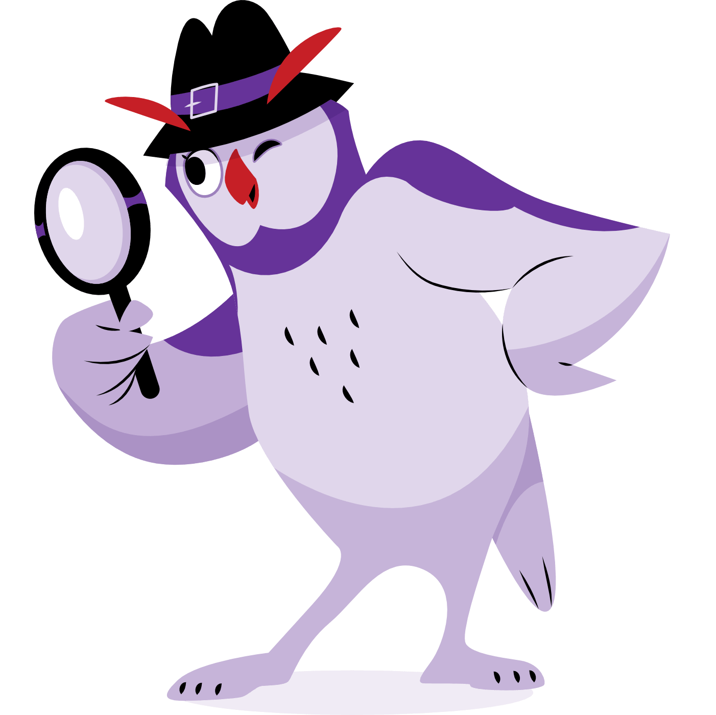 Mystery Game Mascot — detective Mystery Game owl mascot facing sideways and examining clues with a magnifying glass like a detective