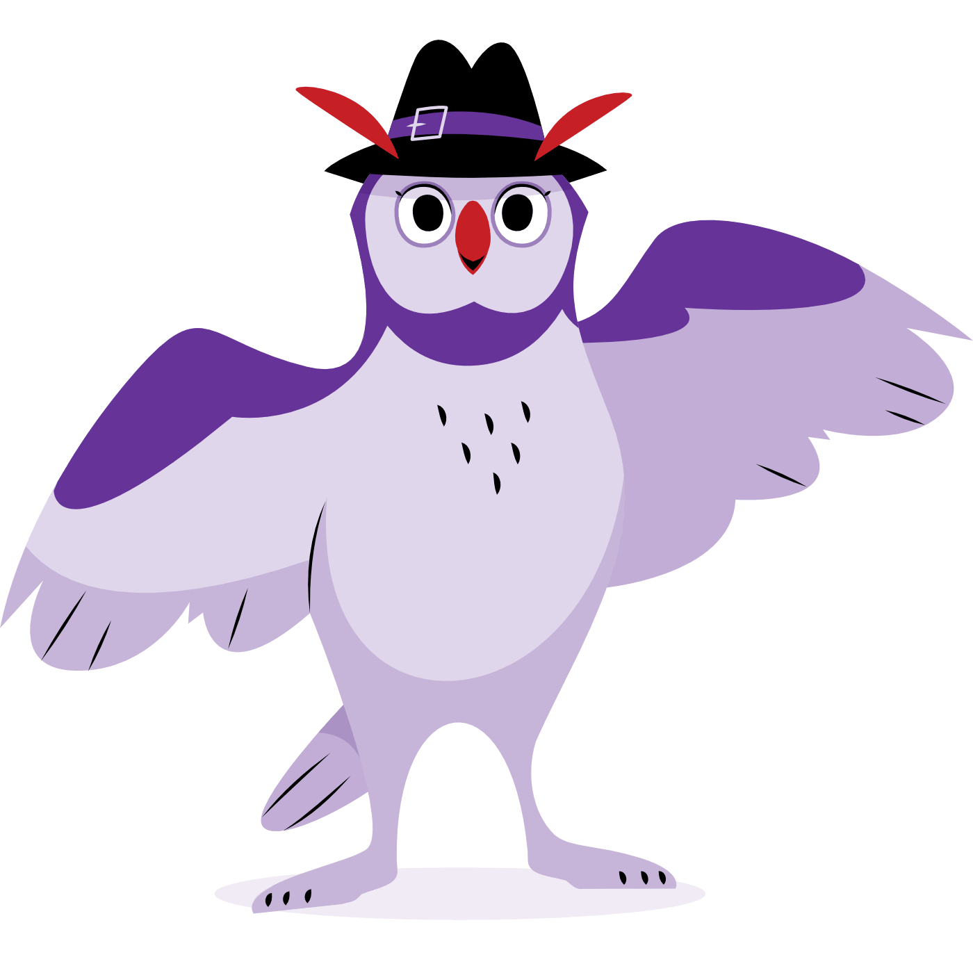 Mystery Game Mascot — happy Mystery Game owl mascot facing forward with wings open and smiling, welcoming players into the world of mystery games.
