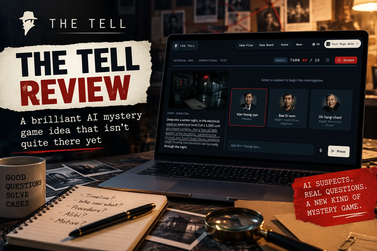 The Tell AI mystery game interface showing the detective investigation screen with suspects and evidence.