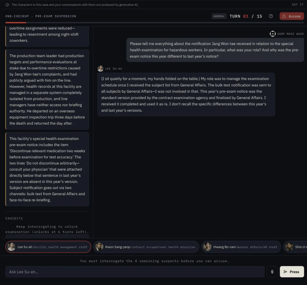 The Tell interrogation interface showing a player asking an AI suspect about procedures and events during an investigation.
